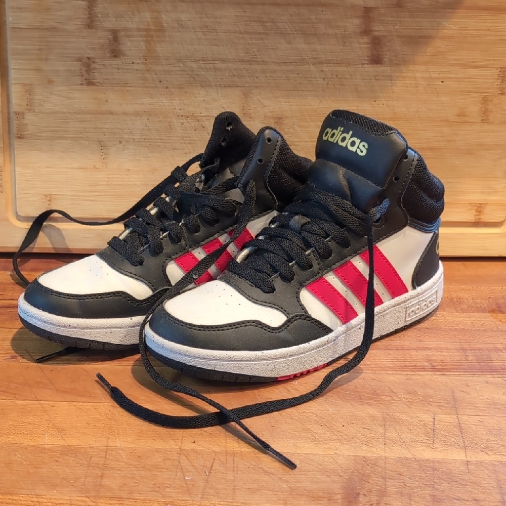 Adidas Black and White High-Tops with Red Accents
